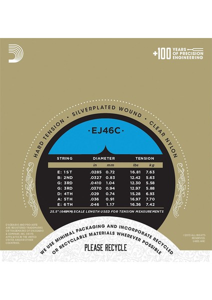 Daddarıo EJ46C Pro-Arte Klasik Gitar Tel Seti, Composıte Core, Hard Tensıon modelleri