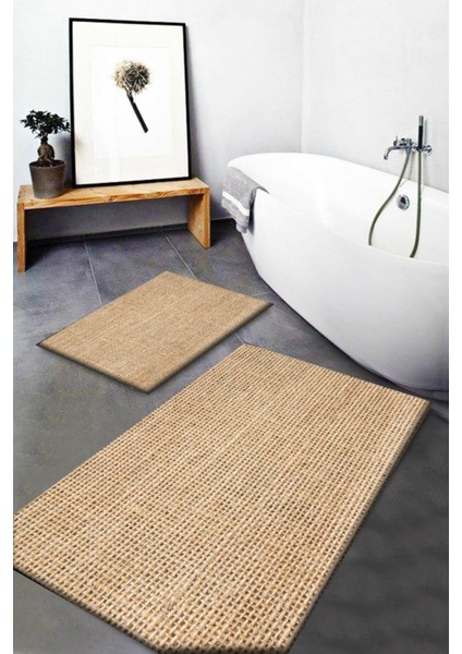 Kahverengi Hasır Sisal Jüt Desenli Yıkanabilir Kaymaz Taban 2'li Banyo Halısı