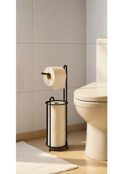 Ayaklı Siyah Tuvalet Kağıtlığı ve Peçetelik Standı, 3 Yedekli