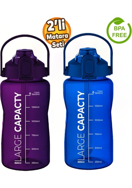 Sağlıklı Polikarbon 1.5l Su Matarası - Pipetli, Taşınabilir, Mavi Mor Renk, Büyük Kapasiteli Suluk
