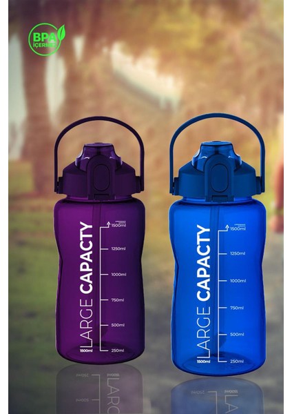 Sağlıklı Polikarbon 1.5l Su Matarası - Pipetli, Taşınabilir, Mavi Mor Renk, Büyük Kapasiteli Suluk fırsatları