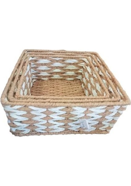 Renkli Kare Örgü Hasır Sepet Seti - 3'lü, Şık ve Kullanışlı Dekorasyon Unsuru