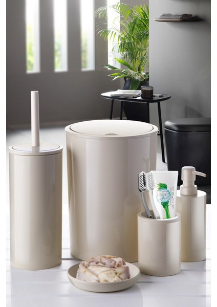 5 Parça Bej Plastik Kapaklı Banyo Seti Modern Minimalist Tasarım Kolay Temizlik
