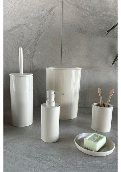 5 Parça Bej Plastik Kapaklı Banyo Seti Modern Minimalist Tasarım Kolay Temizlik