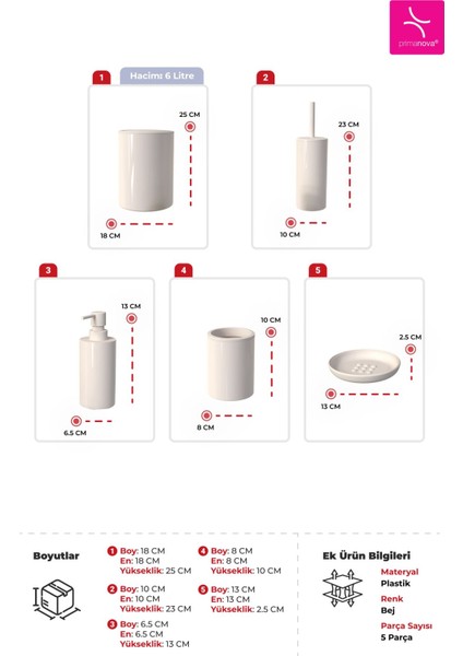 5 Parça Bej Plastik Kapaklı Banyo Seti Modern Minimalist Tasarım Kolay Temizlik