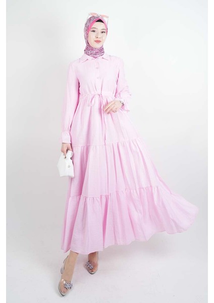 Tesettür Elbise Yarım Düğmeli Kol Fırfırlı Prenses Elbise Pembe