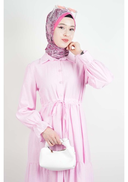 Tesettür Elbise Yarım Düğmeli Kol Fırfırlı Prenses Elbise Pembe fırsatları