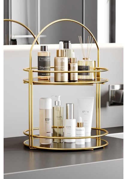 2 Katlı Paslanmaz Çelik ve Siyah Akrilik Banyo Düzenleyici – Altın Renkli, Modern ve Kolay Temizlenebilir Tasarım