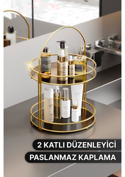 2 Katlı Paslanmaz Çelik ve Siyah Akrilik Banyo Düzenleyici – Altın Renkli, Modern ve Kolay Temizlenebilir Tasarım