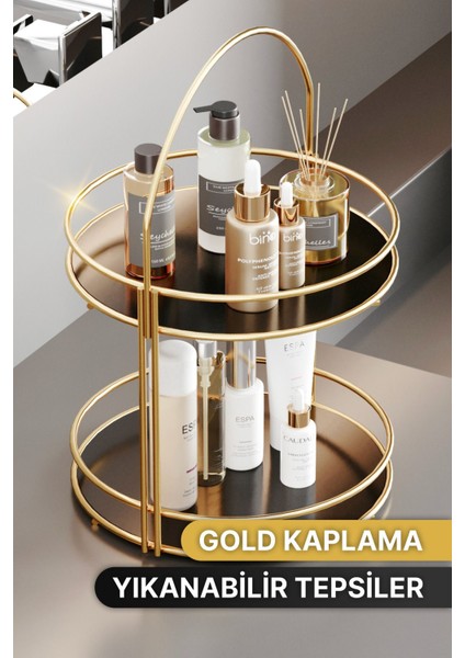 2 Katlı Paslanmaz Çelik ve Siyah Akrilik Banyo Düzenleyici – Altın Renkli, Modern ve Kolay Temizlenebilir Tasarım