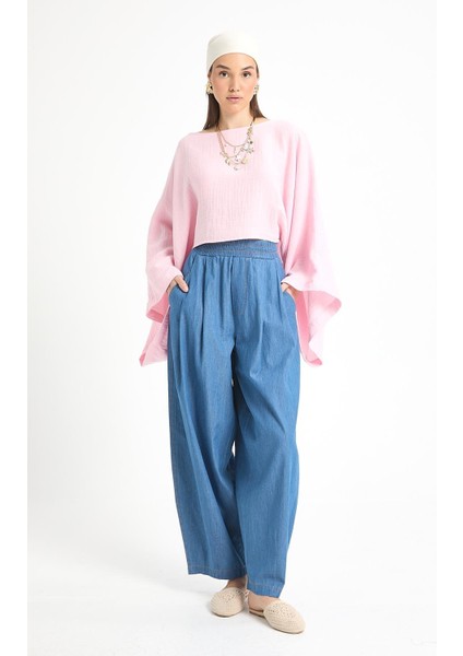 Koyu Mavi Oversize Kesim Lastikli Denim Pantolon 29274