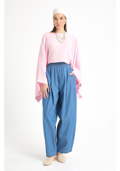 Koyu Mavi Oversize Kesim Lastikli Denim Pantolon 29274 fiyatları