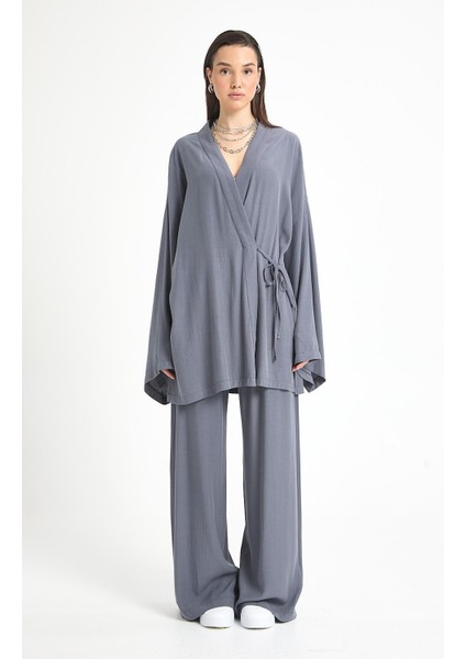 Antrasit Tensel Kumaş Pantolon Kimono Alt/üst Takım 29199