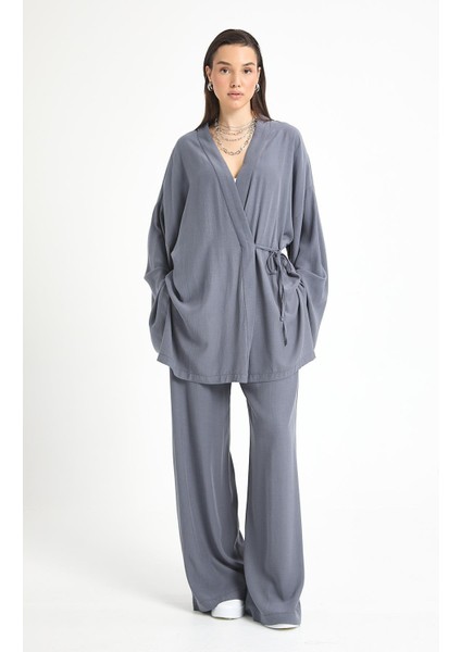 Antrasit Tensel Kumaş Pantolon Kimono Alt/üst Takım 29199 indirimleri