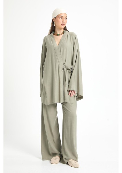 Haki Tensel Kumaş Pantolon Kimono Alt/üst Takım 29199
