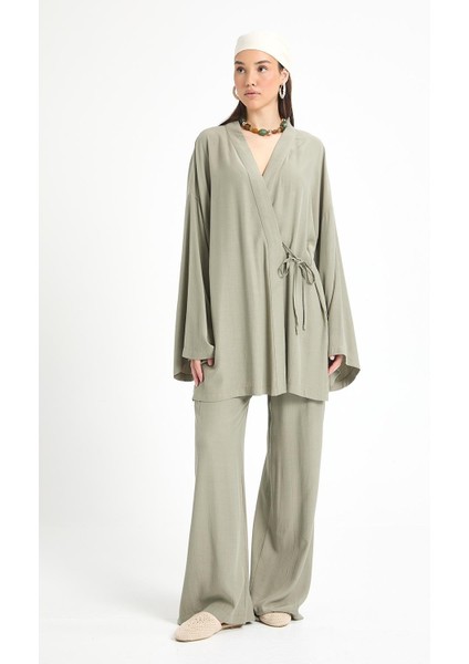 Haki Tensel Kumaş Pantolon Kimono Alt/üst Takım 29199 indirimleri