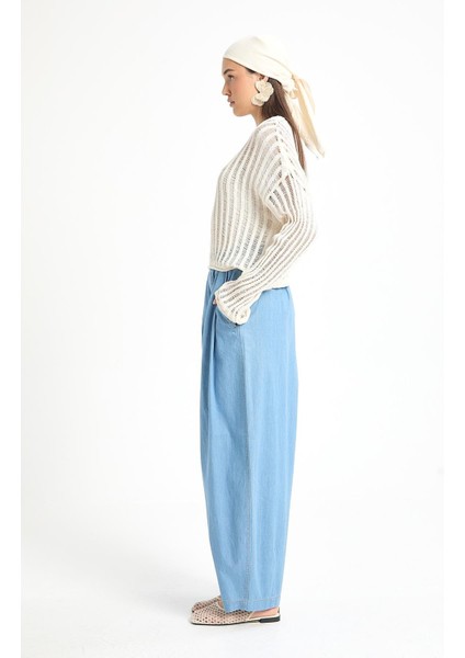Açık Mavi Oversize Kesim Lastikli Denim Pantolon 29274 fiyatları