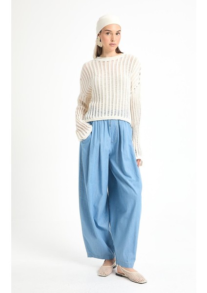 Açık Mavi Oversize Kesim Lastikli Denim Pantolon 29274 indirimleri