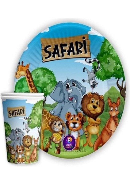 Mavi Safari Temalı 8'li Karton Tabak ve Bardak Seti, Şık ve Kullanışlı Parti Malzemesi