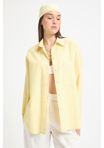 Sarı Beyaz Çizgili Oversize Cepli Gömlek 27135