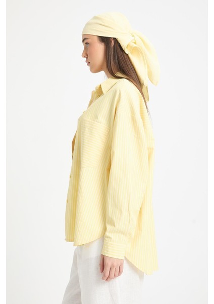 Sarı Beyaz Çizgili Oversize Cepli Gömlek 27135 fırsatları