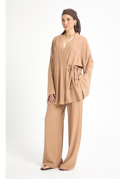 Camel Tensel Kumaş Pantolon Kimono Alt/üst Takım 29199 fırsatları