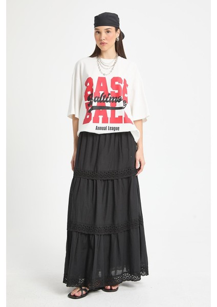 Siyah Beli Lastikli Brodeli Uzun Vual Astarlı Etek 29263 fırsatları