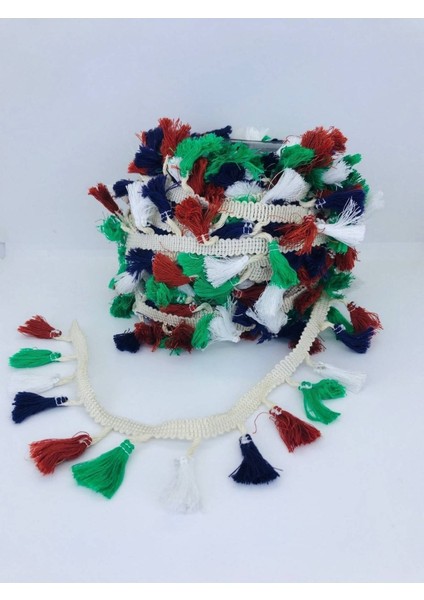 Çok Renkli Yeşil Kahve Beyaz Pamuk Saçak Püskül 1 Metre En 4 cm modelleri