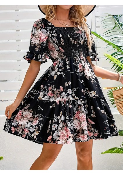 Kadın Kısa Kollu Kare Yakalı Beli Lastikli Kısa Süprem Elbise fiyatları