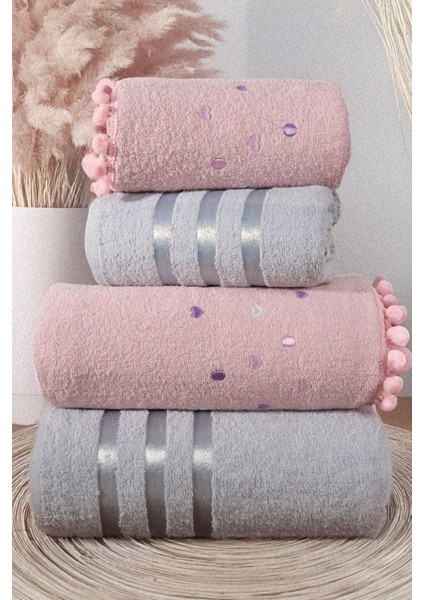 Yumuşak ve Hızlı Kuruyan 4'lü Banyo ve Saç Havlusu Seti, Pembe