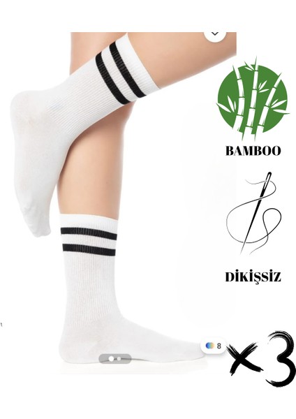Doğal Bambu Ter Emici Yumuşak Doku Siyah Çemberli Beyaz Unisex Tenis Çorap