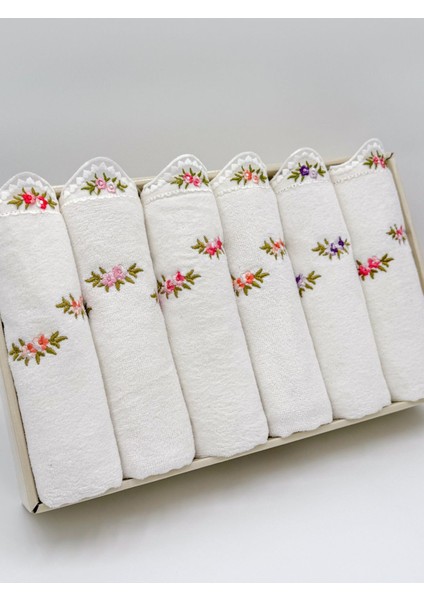Kadife 6'lı El Yüz Havlu Seti, Çiçek Nakışlı, Ekru, 50X90 cm