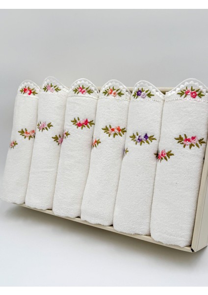 Kadife 6'lı El Yüz Havlu Seti, Çiçek Nakışlı, Ekru, 50X90 cm fiyatları