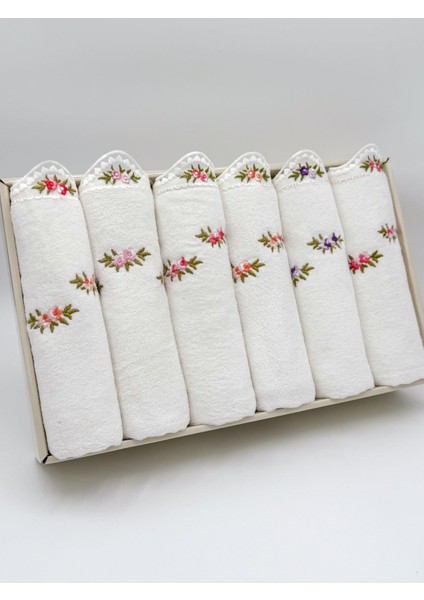 Kadife 6'lı El Yüz Havlu Seti, Çiçek Nakışlı, Ekru, 50X90 cm modelleri
