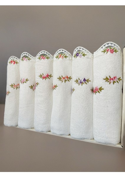 Kadife 6'lı El Yüz Havlu Seti, Çiçek Nakışlı, Ekru, 50X90 cm