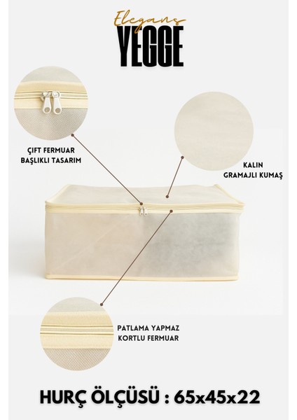 Krem Renk Çift Başlıklı Büyük Boy Baza Altı Ve Çekyat Tipi Hurç 65 x 45 x 22cm Kortlu Fermuar