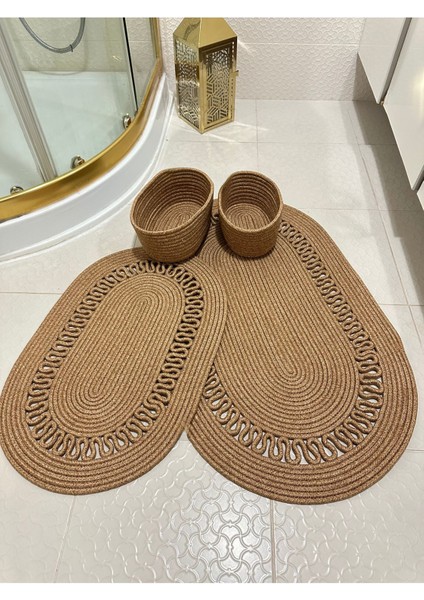 Bej Jüt ve Hasır Banyo Seti, Paspas, Sepet, Klozet Takımı Rahat ve Şık Tasarım
