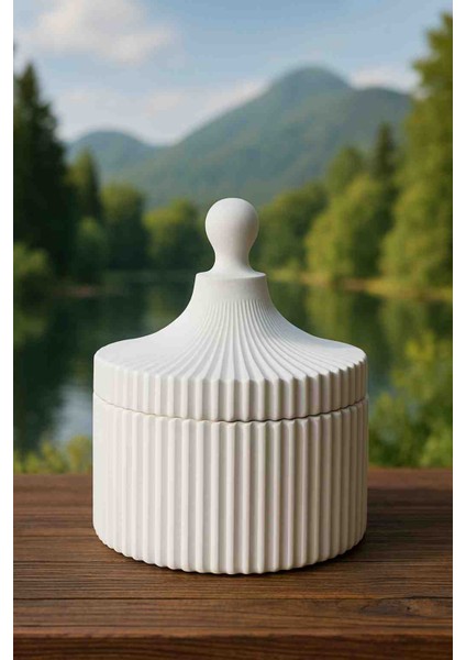 Lüks Tasarım Takı Kutusu ve Mumluk Kutusu- Kapaklı, Beyaz, Ribbed