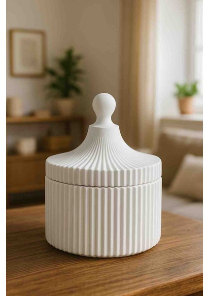 Lüks Tasarım Takı Kutusu ve Mumluk Kutusu- Kapaklı, Beyaz, Ribbed modelleri