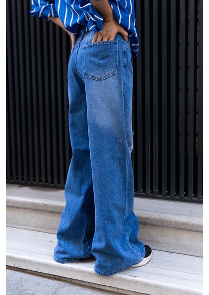 Kadın Yırtık Detaylı Bol Paça Jean Pantolon – Vintage Yüksek Bel Denim fiyatları