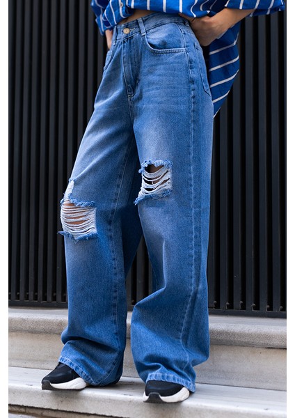 Kadın Yırtık Detaylı Bol Paça Jean Pantolon – Vintage Yüksek Bel Denim fırsatları