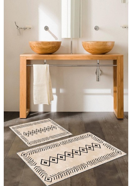 Kaymaz Tabanlı Yıkanabilir Banyo Halısı ve Paspas Takımı 2'li Set Bej