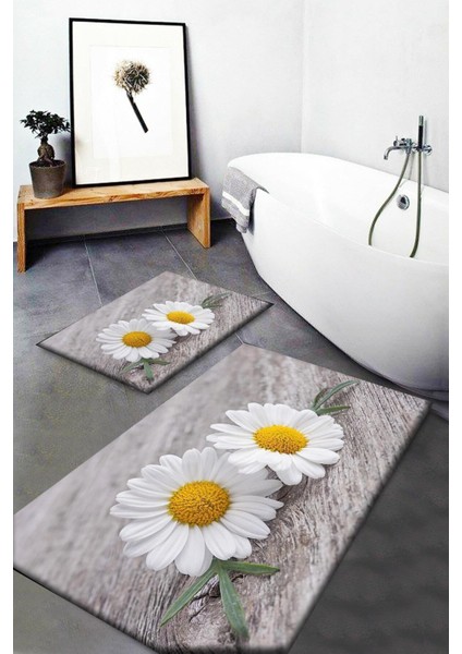 Gri Sarı Papatyalar Desenli Yıkanabilir Kaymaz Taban Banyo Halısı 2'li Takım