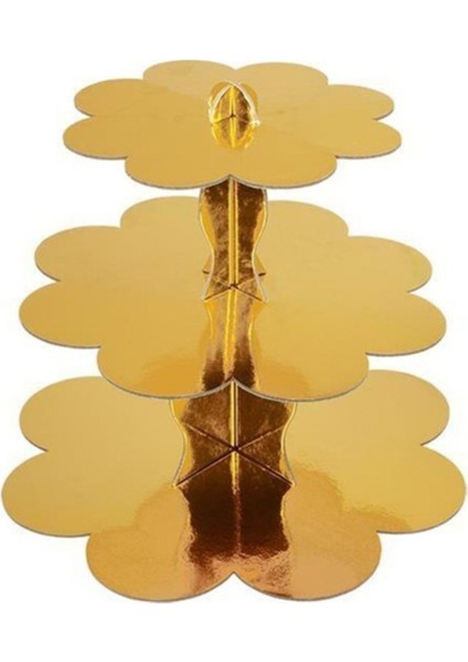 3 Katlı Metalize Karton Cupcake Standı Altın Renkli, Şık ve Dayanıklı Parti Dekoru
