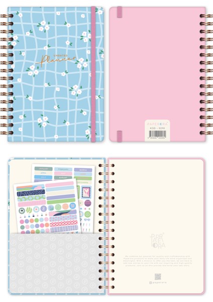 A5 Spiralli Süresiz Renkli Planlayıcı Ajanda Motivasyon Sayfalı Mavi Papatyalar