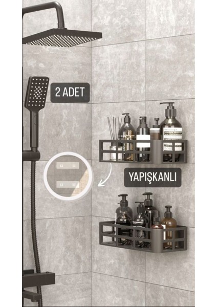 Yapışkanlı Banyo Düzenleyici Seti, Siyah, 2'li Raf ve Askı