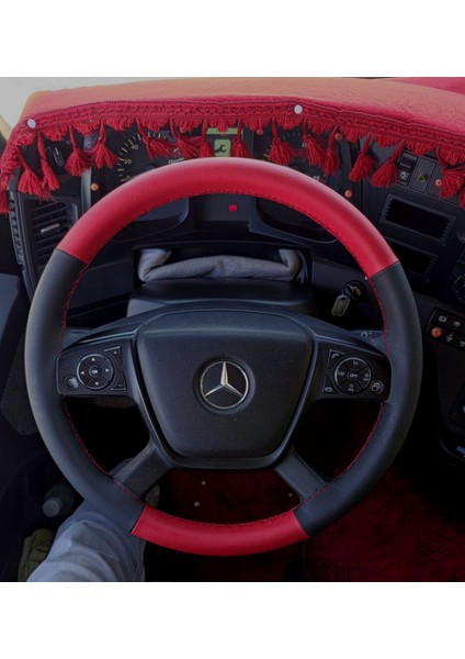Dikişli Direksiyon Kılıfı Siyah Deri Kırmızı Deri Kırmızı Dikişli Mercedes Tır Kamyon Için