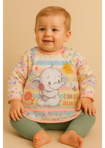 Çiçekli Fil Desenli Kollu Bebek Önlüğü – Su Geçirmez, Kol Korumalı, Yumuşak Kumaş