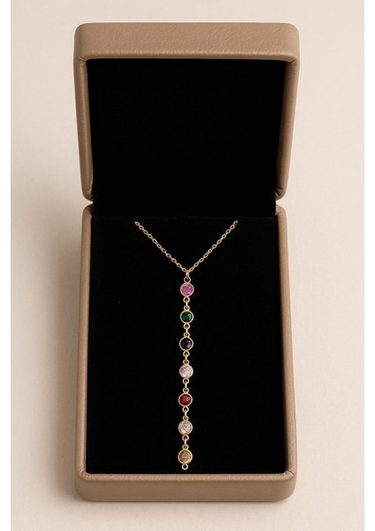 Gold Renk Zirkon Taşlı Çelik Y Kolye – 9 Taşlı Model