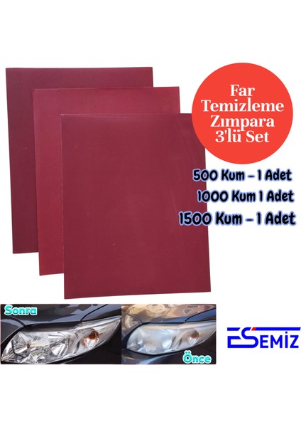 Far Temizleme Zımpara Seti Kaliteli Suya Dayanıklı Inceden Kalına 500-100-1500 A4 Boyutunda (3 Adet)